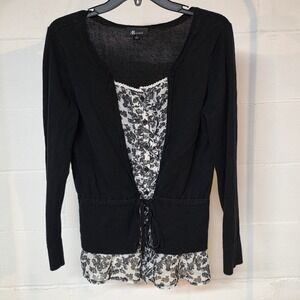 AB Studio Women L Black Floral Layer Faux Cardigan Sweater Tie Front Lightweight